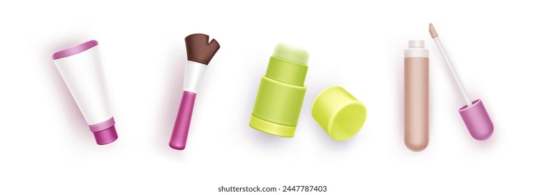 Make-up Produkte 3D-Icon-Set. Realistische Vektorgrafik Schönheits- und Hautpflege Kosmetik - tonal im Röhrenbehälter, Concealer, Liquid Lippenstift oder Lipgloss-Paket, Mascara-Bürste und Highlighter oder Creme-Stick.