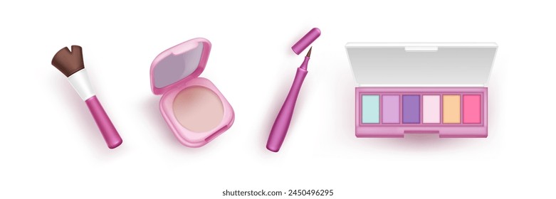 Conjunto de iconos 3d de productos de maquillaje. Colección de Ilustración vectorial realista de Elementos cosméticos de belleza facial - maquillaje cepillo y polvo compacto con espejo, delineador de ojos y paquete de paleta de sombras de ojos.