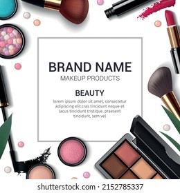 Makeup products advertising composition with lipstick eyeshadows blusher mascara brushes on white background realistic vector illustration