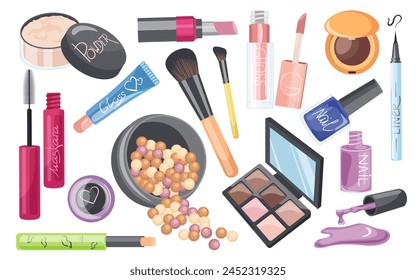 Makeup products assortment set with eye-shadow, face powder, lipstick, mascara, skin corrector