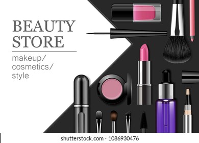 Makeup Products Banner. Advertising Template With Text For Beauty Events Or Store. Eyeshadow Case, Lipstick Tube, Eyeliner Bottle, Brush, Perfume Atomizer Isolated On Black And White Background.