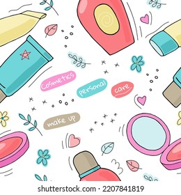 Makeup products, bottles and tubes packaging of cosmetics and decorative elements colorful vector seamless pattern