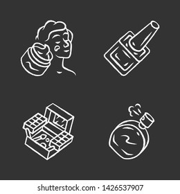 Makeup products chalk icons set. Feminine hygiene, skincare accessories. Beauty salon attributes isolated vector chalkboard illustrations. Face cream, nail polish, cosmetic kit, perfume bottle
