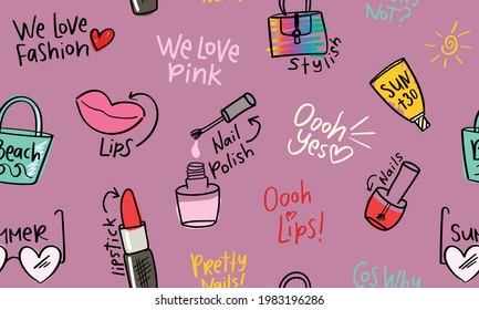 Makeup products, cosmetic tools, women items for fashion seamless repeating pattern texture background design