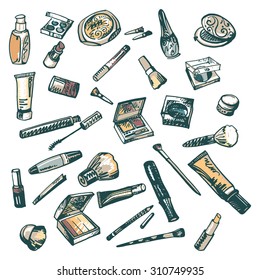 Makeup Products. Cosmetics and Accessories. Hand drawn Vectors Isolated on White. Elements for use in design, web site, packing, textile, fabric