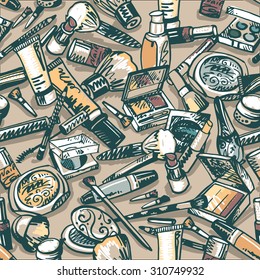 Makeup Products. Cosmetics and Accessories. Seamless Hand drawn Vector Pattern. Background for use in design, web site, packing, textile, fabric