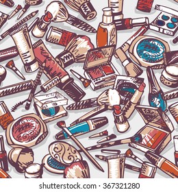 Makeup Products. Cosmetics and Accessories. Seamless Hand drawn Vector Pattern. Background for use in design, web site, packing, textile, fabric.