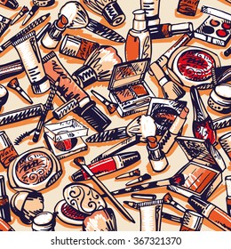 Makeup Products. Cosmetics and Accessories. Seamless Hand drawn Vector Pattern. Background for use in design, web site, packing, textile, fabric.