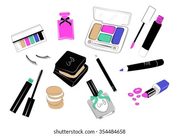 Makeup products. Cosmetics. Hand drawn Vector background