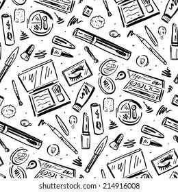 Makeup products. Cosmetics. Seamless Hand drawn Vector background.