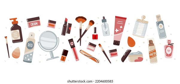 Makeup products and decorative cosmetics on white background.Perfumes,brushes for makeup,eye shadows in small jars,lipstick and tissue box with cotton pads.Flat lay vector illustration