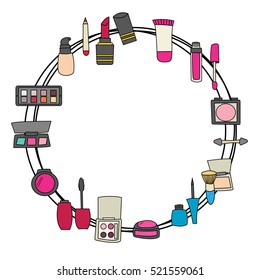 Makeup products design set. Cartoon frame border hand draw doodle vector illustration