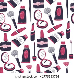 Makeup products for females, seamless pattern. Brushes and powders, mascara and lipstick, lotion and foundation. Nail polish and lip gloss, cream for skincare, applicators. Vector in flat style