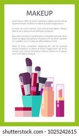 Makeup products of high quality vertical promotional poster. Thick brushes, skin foundation, nude lipstick and tube of mascara vector illustrations.