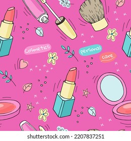 Makeup products, kabuki powder brush, flowers, leaves and decorative elements vector seamless colorful pattern