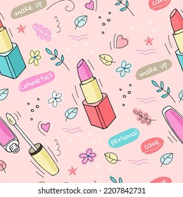 Makeup products, kabuki powder brush, flowers, leaves and decorative elements colorful  vector seamless pattern