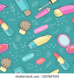 Makeup products, kabuki powder brush, flowers, leaves and decorative elements colorful vector seamless pattern
