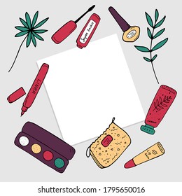 Makeup products on table. Copy space for ypur text. Beauty cosmetic concept. Cute flat vector illustration