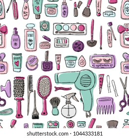 Makeup products pattern. Cosmetics. Seamless hand drawn vector illustration.