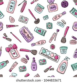 Makeup products pattern. Cosmetics. Seamless hand drawn vector illustration.