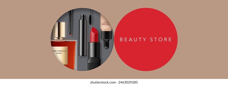 Makeup products realistic 3d illustration. Cosmetics isolated on dark background in circle beige frame with red accent. Vector banner template for beauty store or sale. Minimalist poster design.