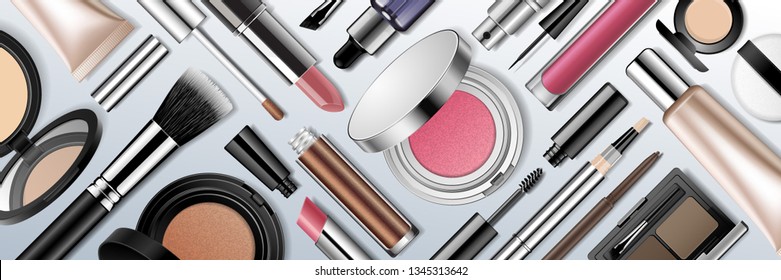 Makeup products realistic 3d vector illustration. Face cosmetic flat lay collection isolated on light background. Advertising mock up beauty banner template. Make-up store, beauty blog promotion.