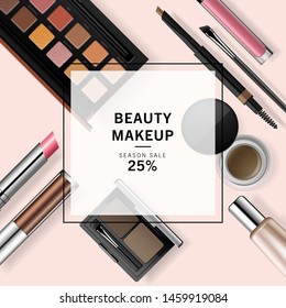 Makeup products realistic 3d vector illustration. Face cosmetic flat lay collection isolated on pink beige background. Advertising mock up beauty banner. Template for online make up store, beauty blog