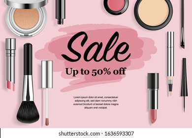 Makeup Products Realistic 3d Vector Illustration. Face Cosmetic Flat Lay Collection Isolated On Pink Background With Sale Text. Advertising, Clearance Mock Up Beauty Banner Template.