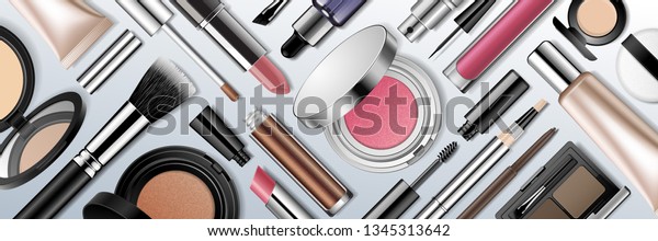 Makeup products realistic 3d vector\
illustration. Face cosmetic flat lay collection isolated on light\
background. Advertising mock up beauty banner template. Make-up\
store, beauty blog\
promotion.