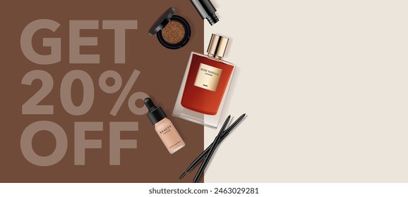 Makeup products realistic illustration. Cosmetics packaging, perfume isolated on contrasting brown beige background. Vector banner template for beauty store. Minimalist poster design with typography