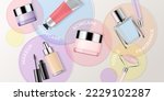 Makeup products realistic vector illustration. Cosmetic containers on colorful glass circles background. Advertising mock up, beauty banner template with product categories for online store.