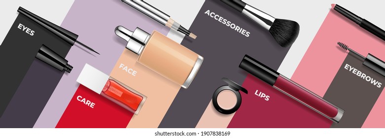 Makeup products realistic vector illustration. Face cosmetics on colorful blocks background. Advertising mock up, beauty banner template with product categories for online store, offers and promotion.
