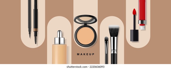 Makeup products realistic vector illustration. Face cosmetics on brown background in rounded frames. Advertising mock up, beauty banner template for online store, offers and branding.