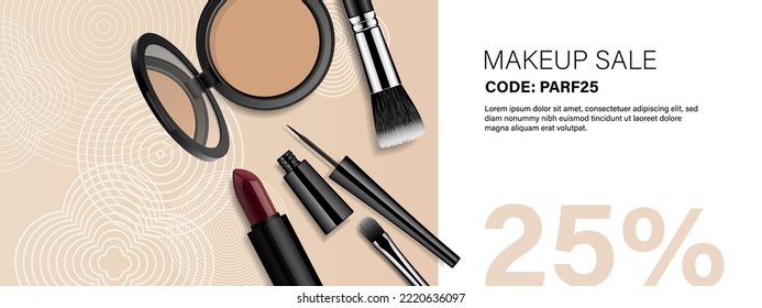 Productos de maquillaje ilustraciones vectoriales realistas. Enfrentar cosméticos en fondo beige y bloque de texto. Burla publicitaria, plantilla de banner de belleza para tienda online, ofertas y promoción.