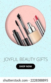 Makeup products realistic vector illustration. Face cosmetics on dotted background in round frame. Advertising mock up, banner template with beauty products for online shop, offers and promotion.