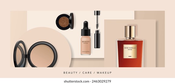 Makeup products realistic vector illustration. Facial cosmetics and perfume packaging isolated on abstract geometric background. Advertising mockup, beauty banner template in warm natural colors.
