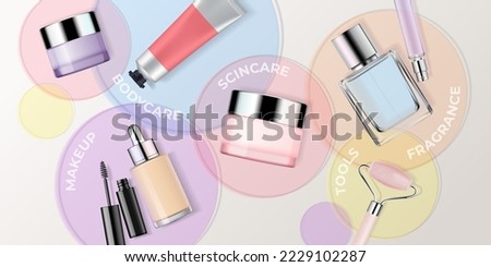 Makeup products realistic vector illustration. Cosmetic containers on colorful glass circles background. Advertising mock up, beauty banner template with product categories for online store. Foto d'archivio © 
