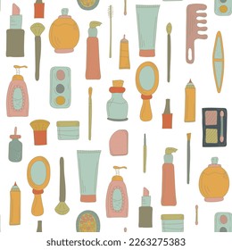 Makeup products seamless pattern. Woman cosmetic products. Vector illustration.