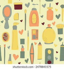 Makeup products seamless pattern. Woman cosmetic products. Vector illustration.
