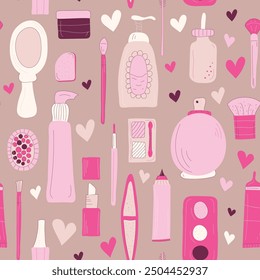 Makeup products seamless pattern. Woman cosmetic products. Vector illustration.