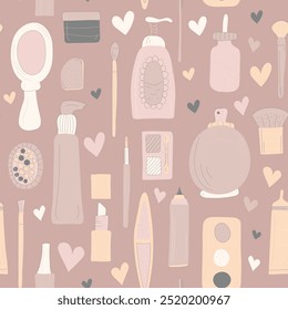 Makeup products seamless pattern. Woman cosmetic products. Vector illustration.