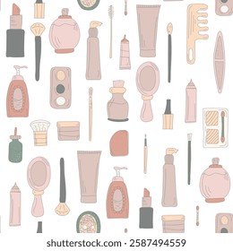 Makeup products seamless pattern. Woman cosmetic products. Vector illustration.
