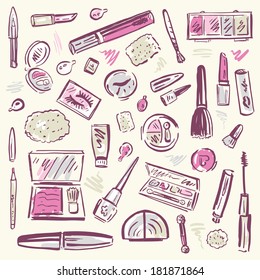 Makeup products set. Cosmetics. Hand drawn Vector Illustration.