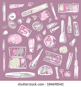 Makeup products set. Cosmetics. Hand drawn Vector Illustration.