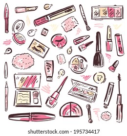 Makeup products set. Cosmetics. Hand drawn Vector Illustration.