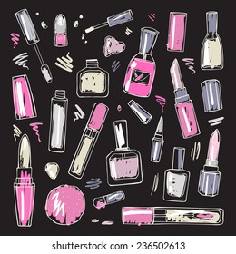 Makeup products set. Cosmetics. Hand drawn Vector Illustration.