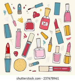 Makeup products set. Cosmetics. Hand drawn Vector Illustration.