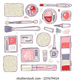 Makeup products set. Cosmetics. Hand drawn Vector Illustration.