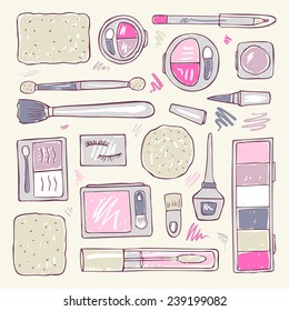 Makeup products set. Cosmetics. Hand drawn Vector Illustration.