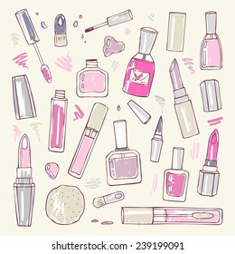 Makeup products set. Cosmetics. Hand drawn Vector Illustration.